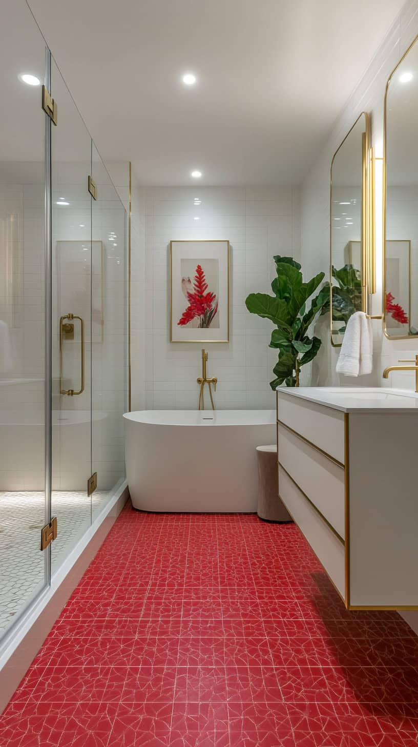Bathroom with red tile floor