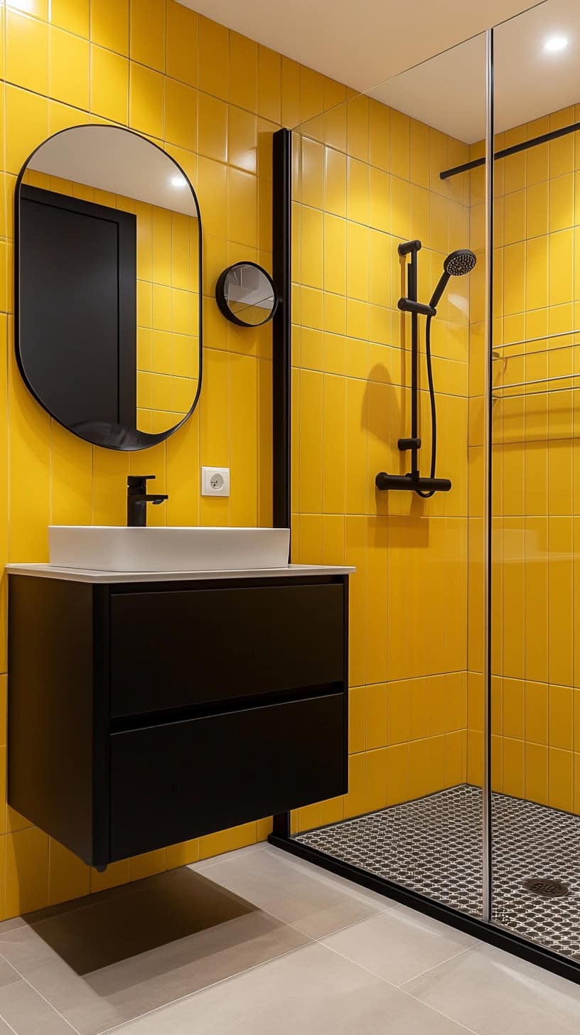 Bathroom with yellow and black tile