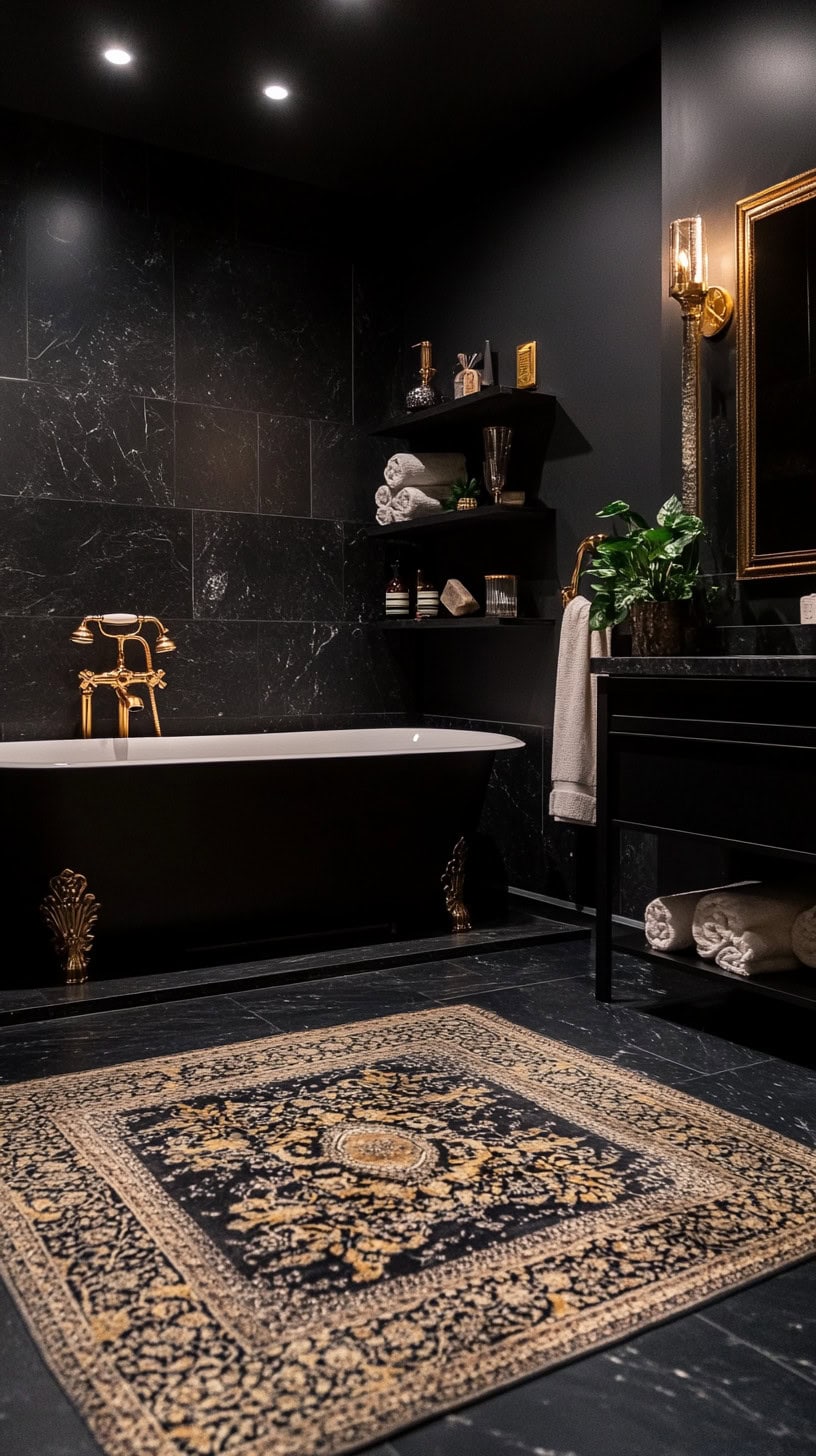 Black marble bathroom with decor