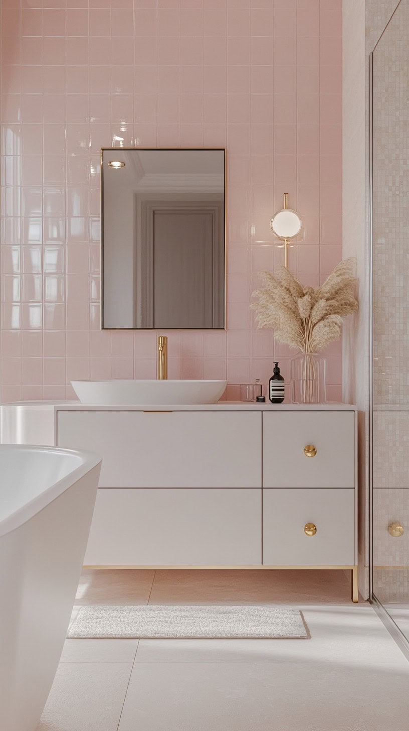 Bathroom with pink and white tile bathroom