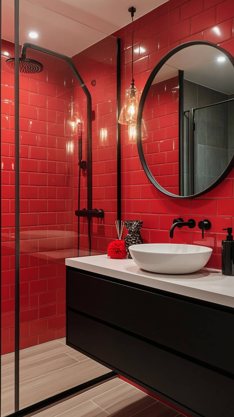 Bathroom with red subway tile
