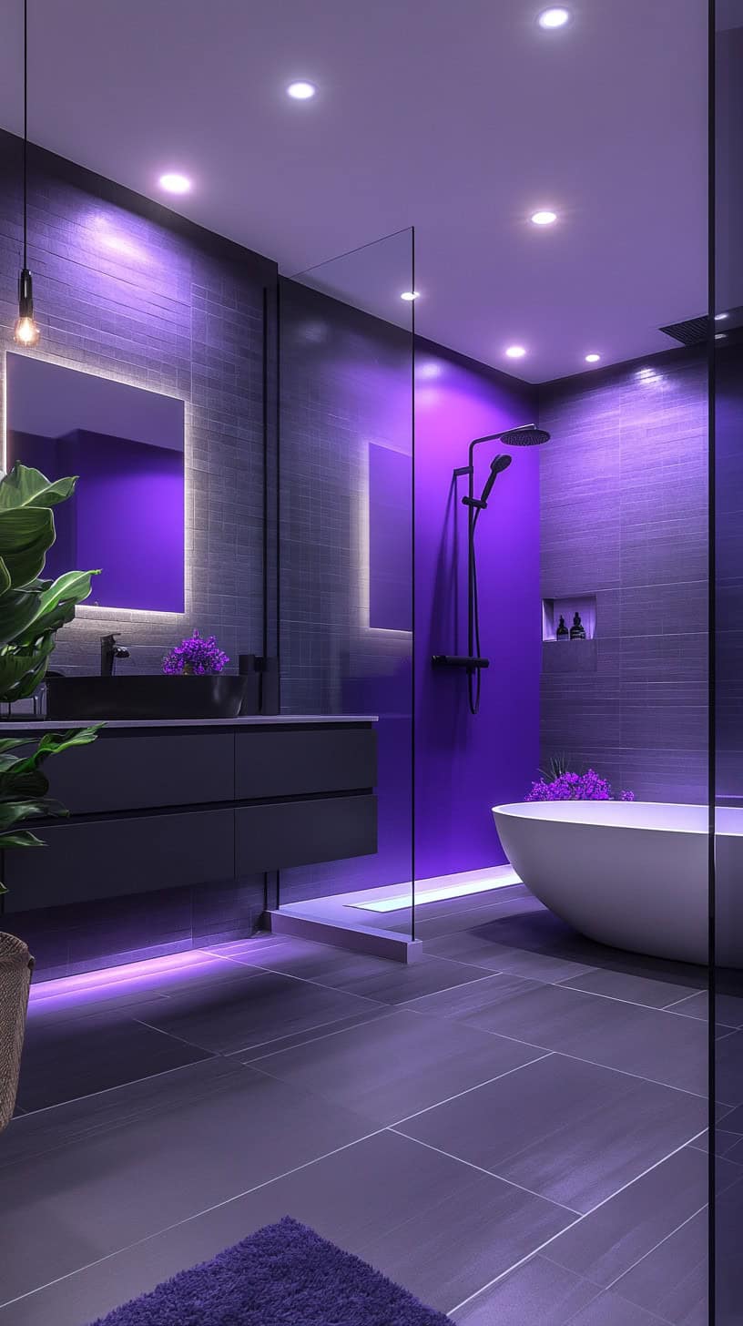 Gray and purple bathroom