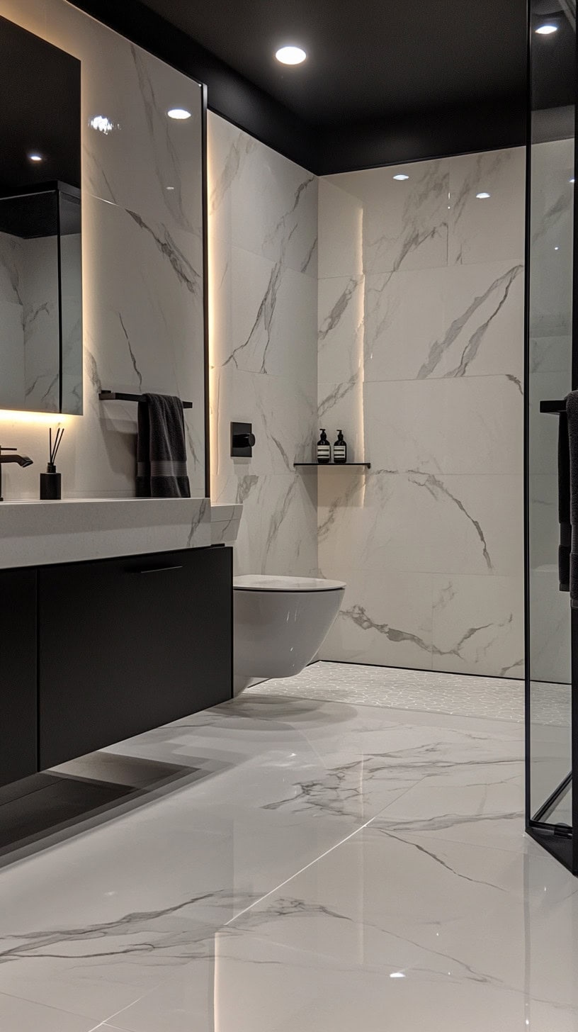 Marble bathroom with black fixtures