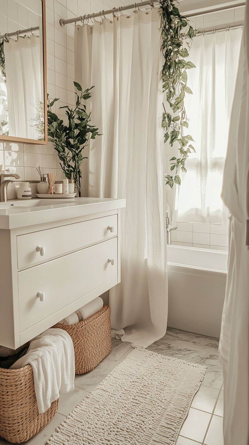 Small apartment bathroom with decor and shower curtains