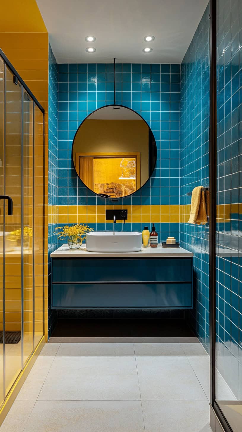 Bathroom with blue and yellow tile