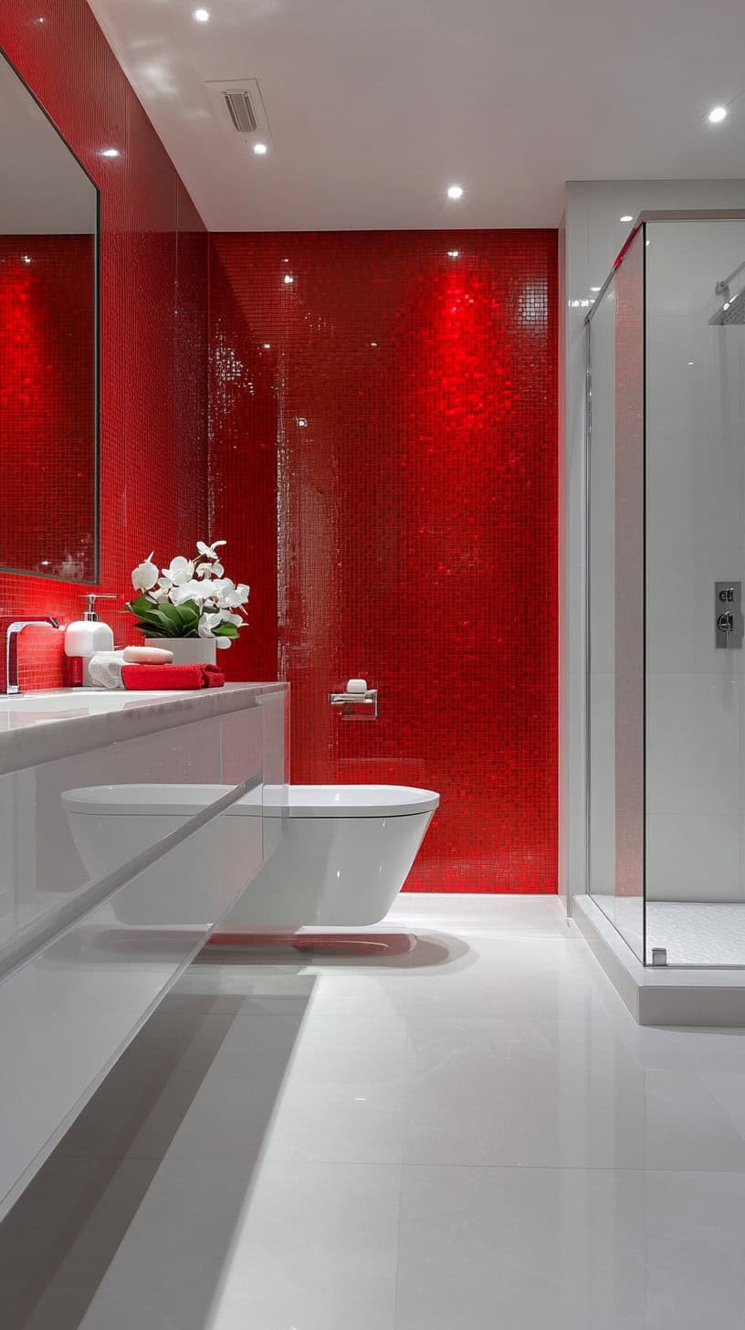 Bathroom with red and white tile