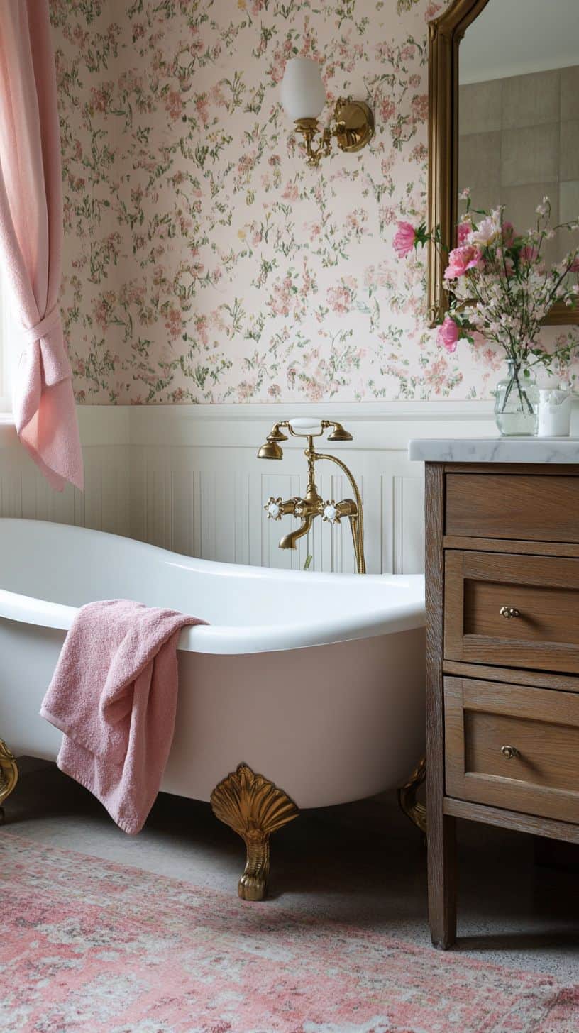 English cottage bathroom with wallpaper