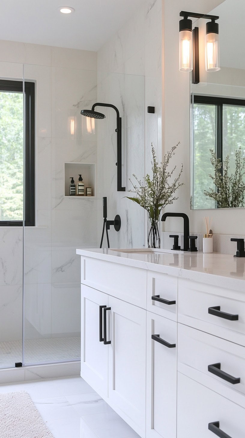 White marble bathroom with black accents