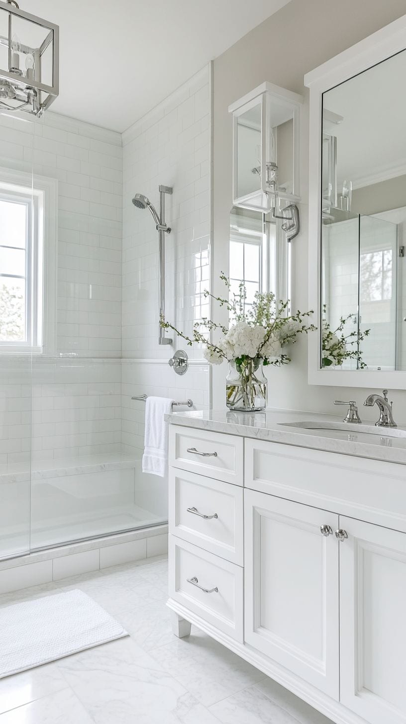 White traditional bathroom with shower tile