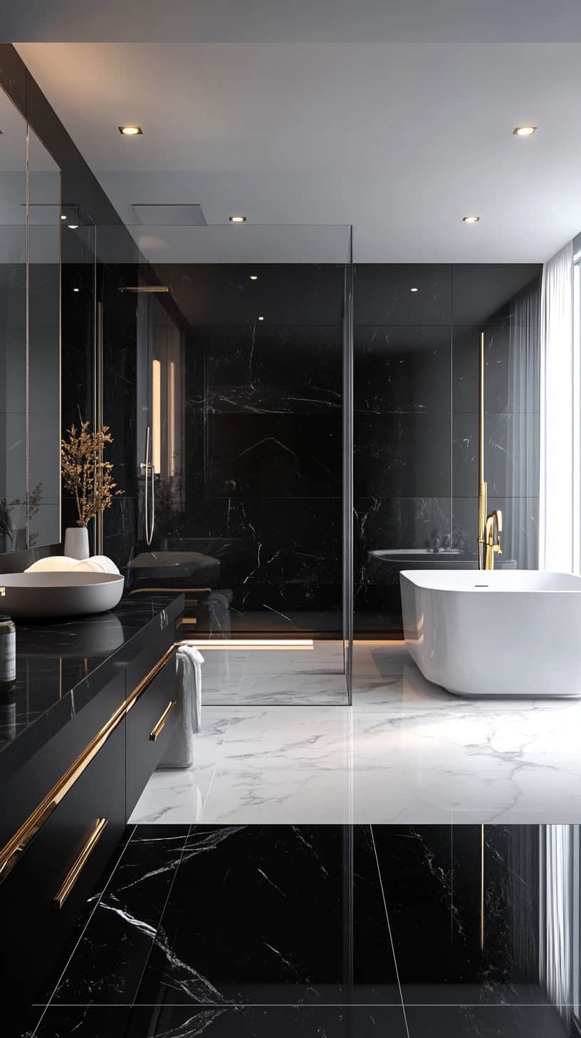 Bathroom with black and white marble floor