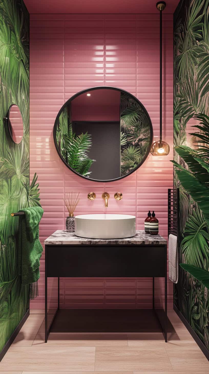 Bathroom with pink tile and wallpaper