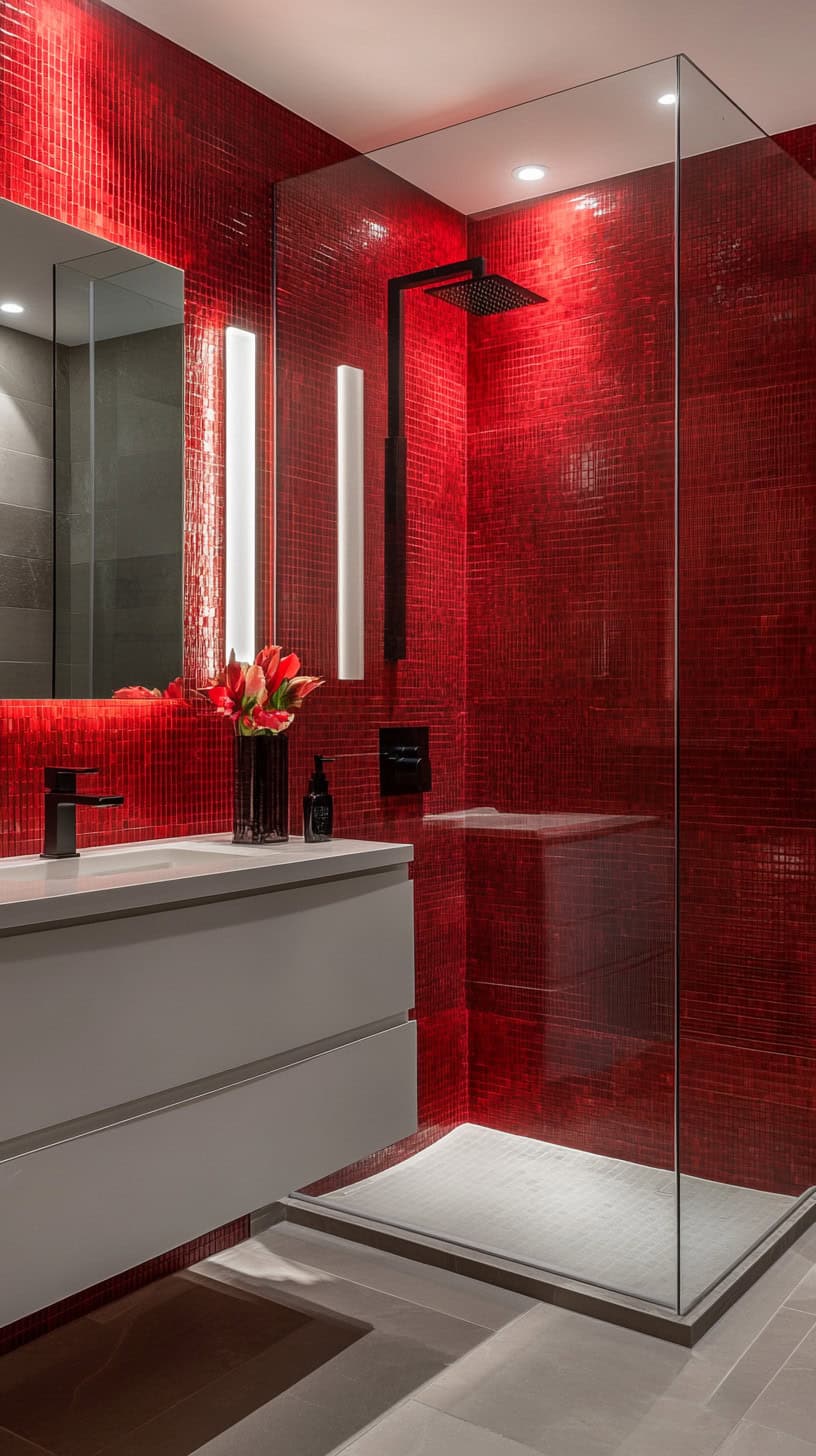 Bathroom with red tile shower