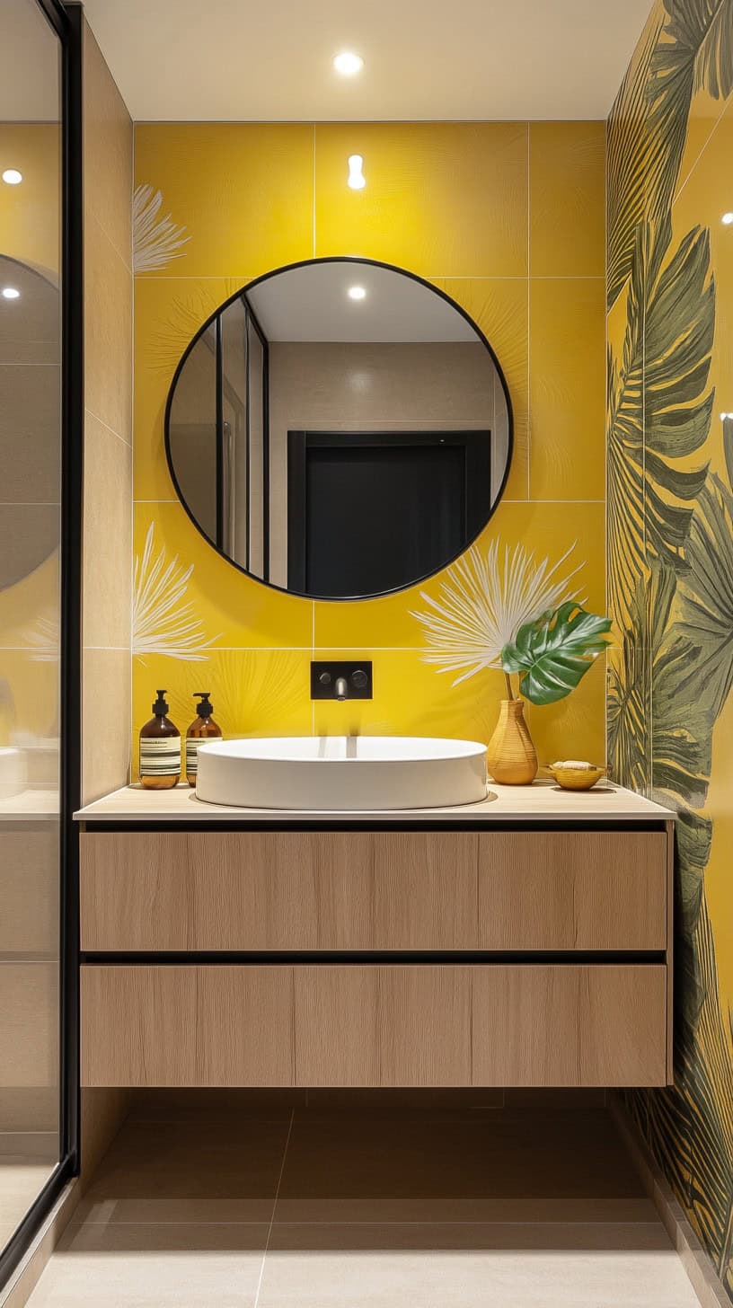 Bathroom with yellow tile and wallpaper