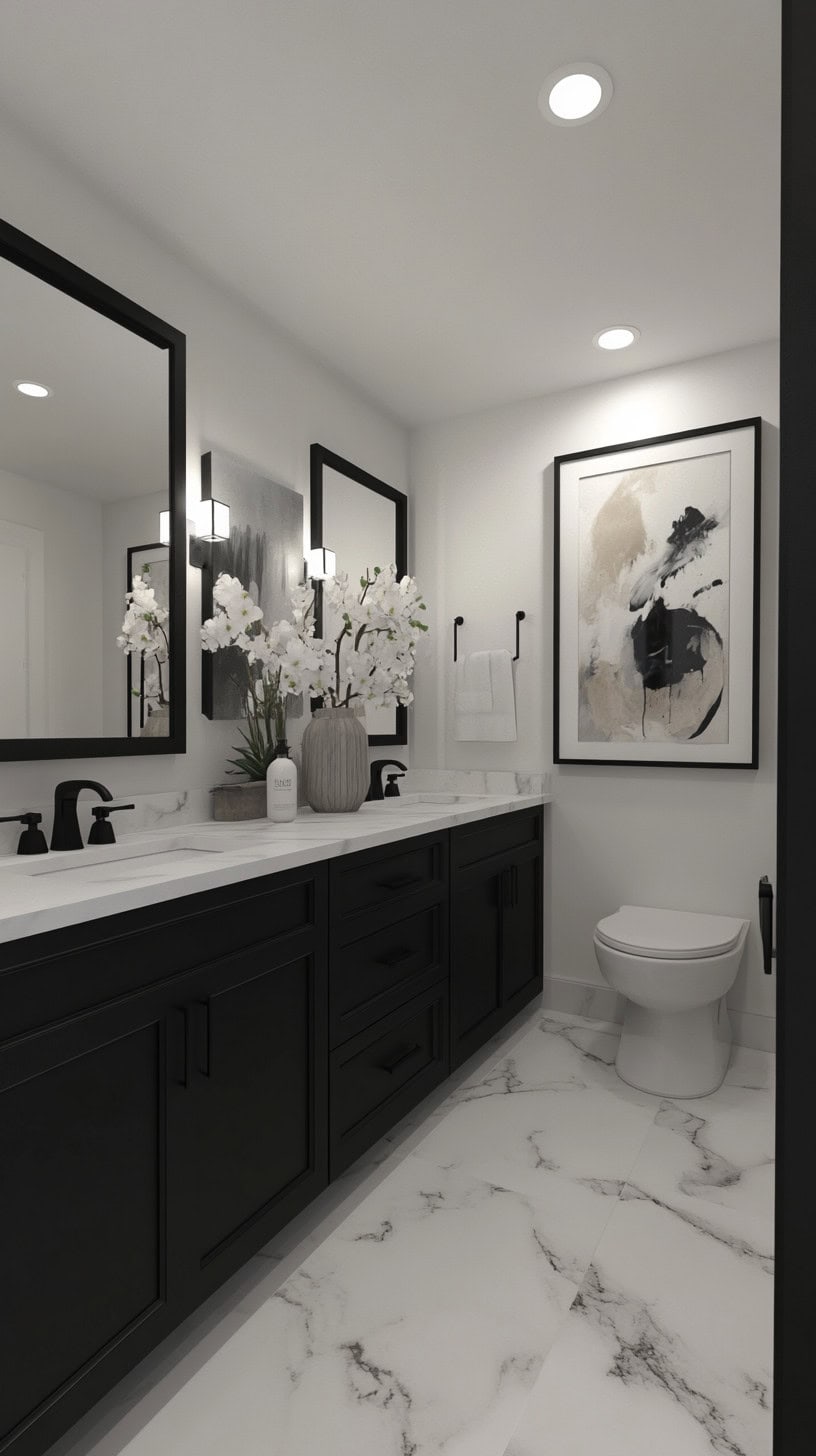 Black and white bathroom with wall art decor
