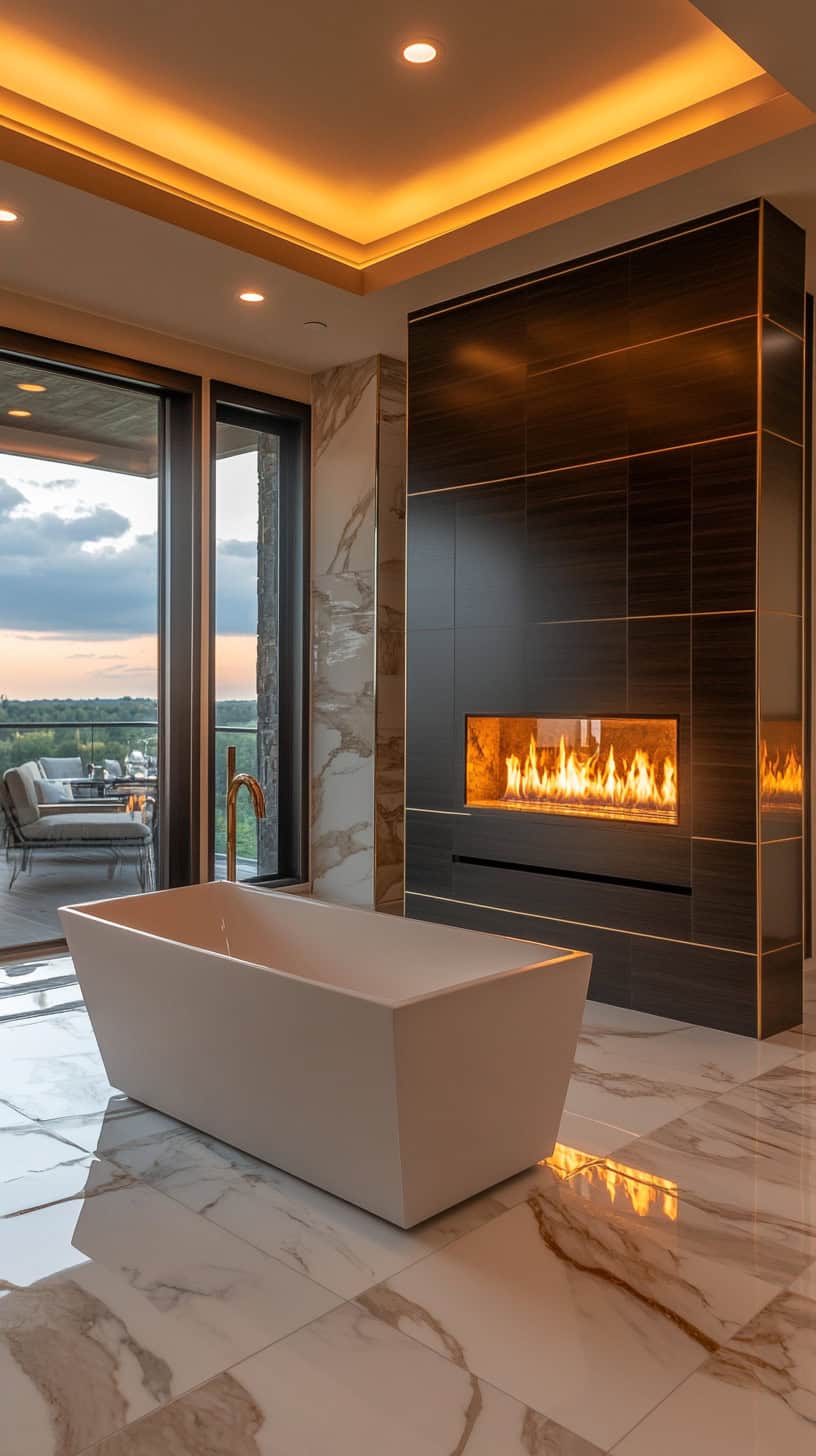 Luxury master bathroom with fireplace
