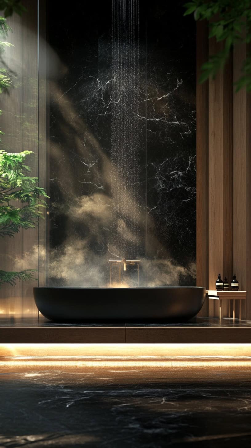Bathroom with Black Marble and Wood