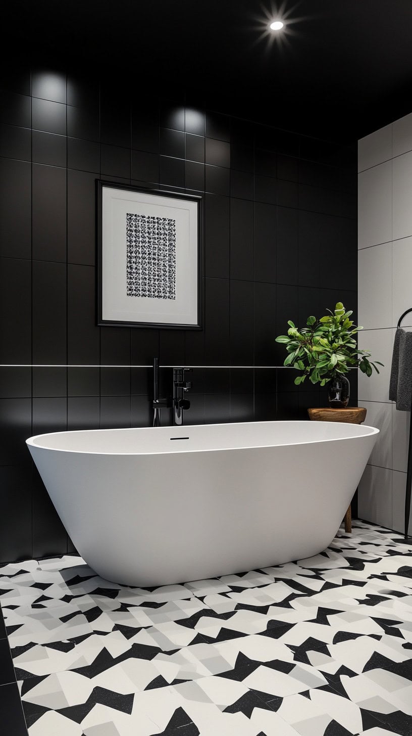 Bathroom with black and white tile