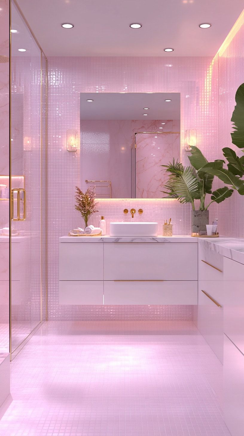 Bathroom with pink penny tile