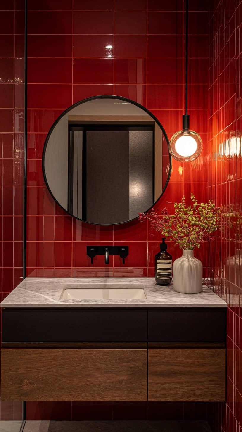 Bathroom with red zellige tile