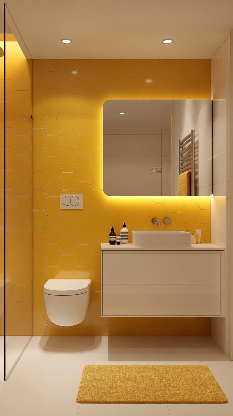 Bathroom with yellow hexagon tile