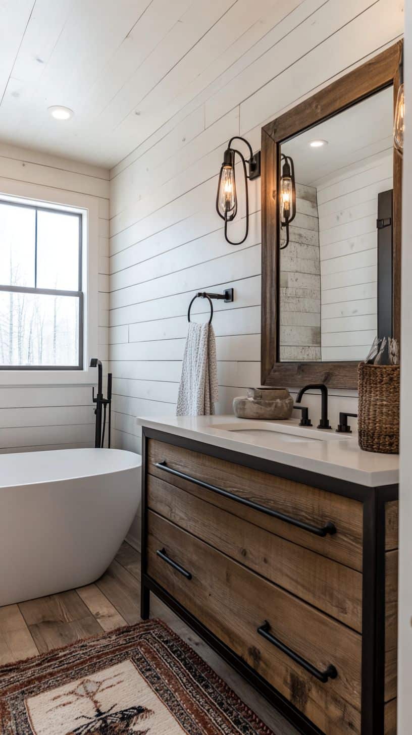 Modern rustic farmhouse bathroom with light fixtures