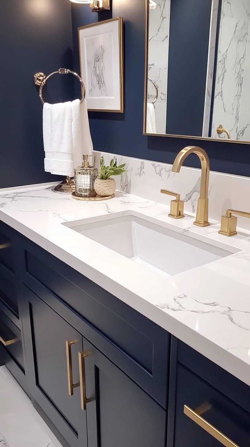 Bathroom with navy and white decor