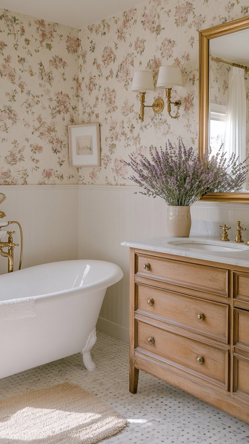 French country bathroom with wallpaper