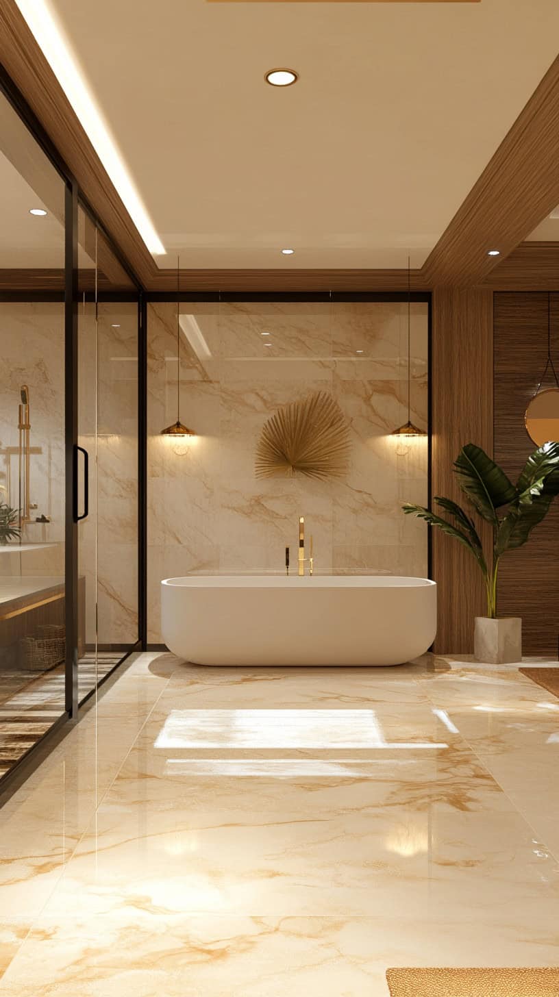 Luxury master bathroom with half walls and walk in shower