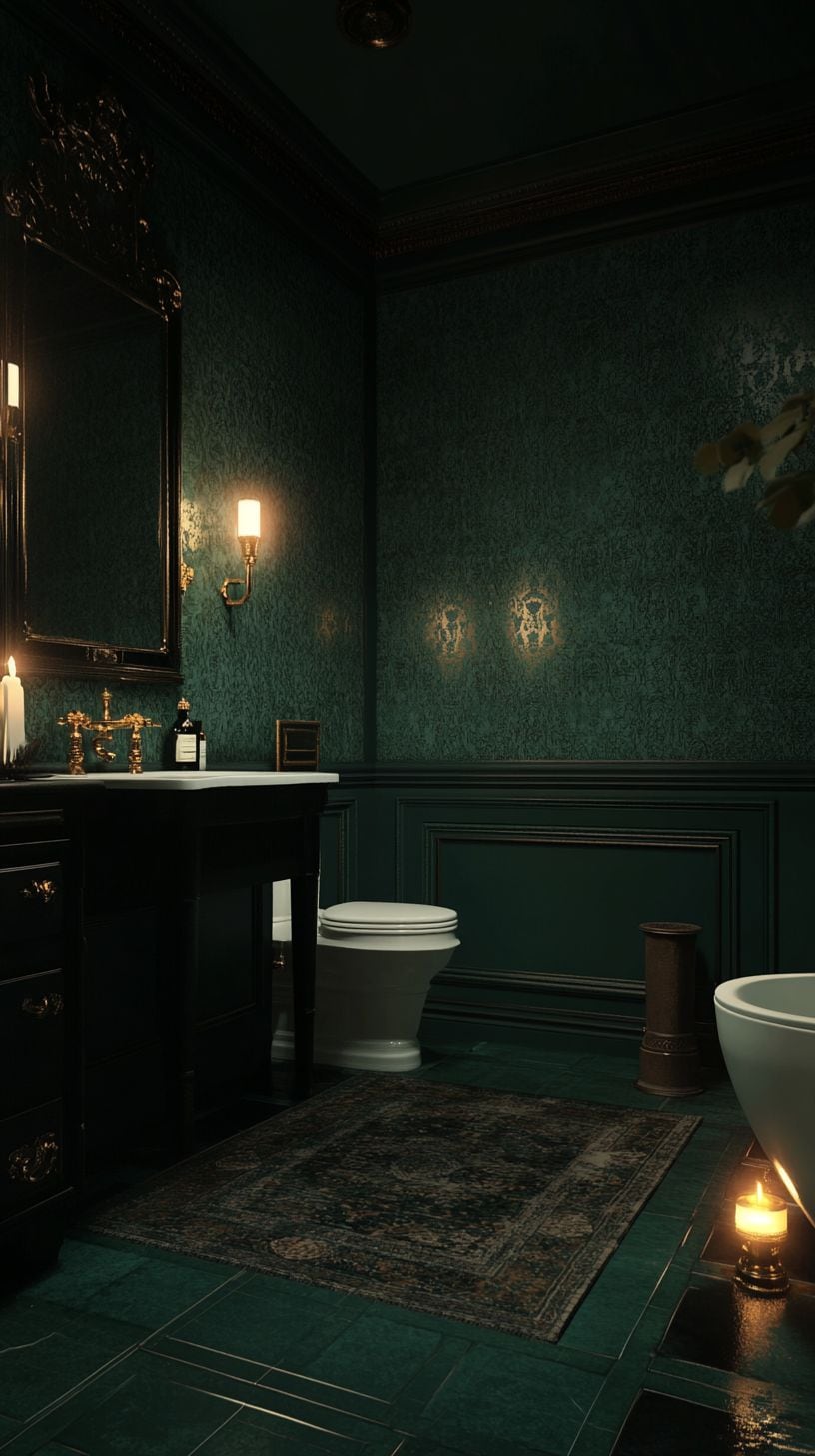 Dark green bathroom with wallpaper
