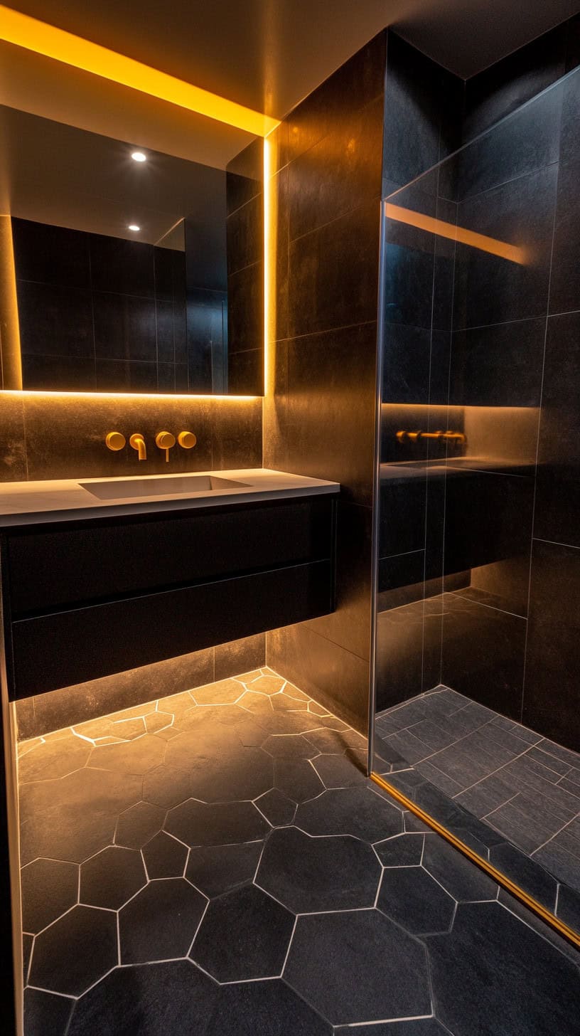 Bathroom with black marble hexagon tile