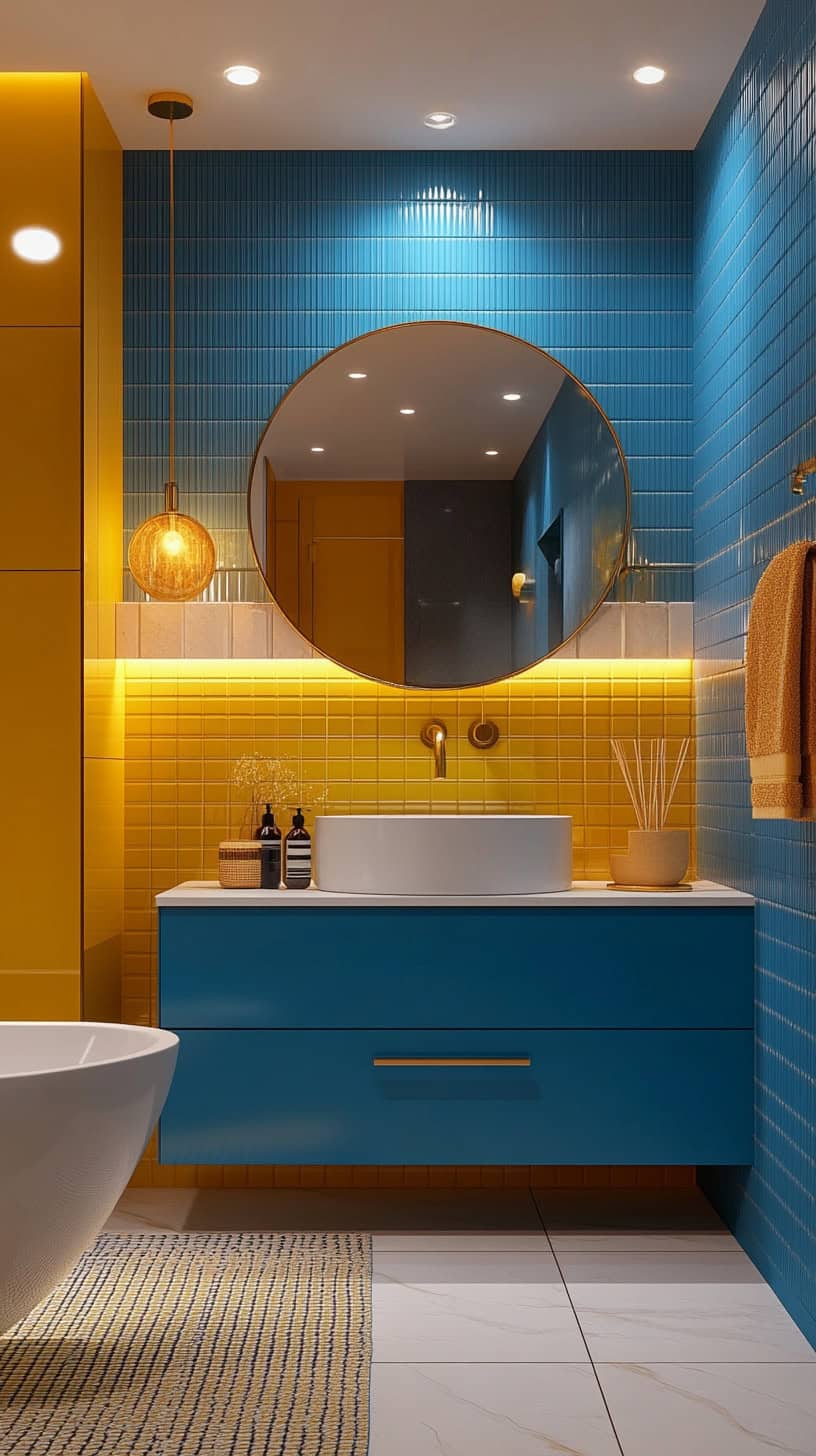 Bathroom with blue and yellow decor
