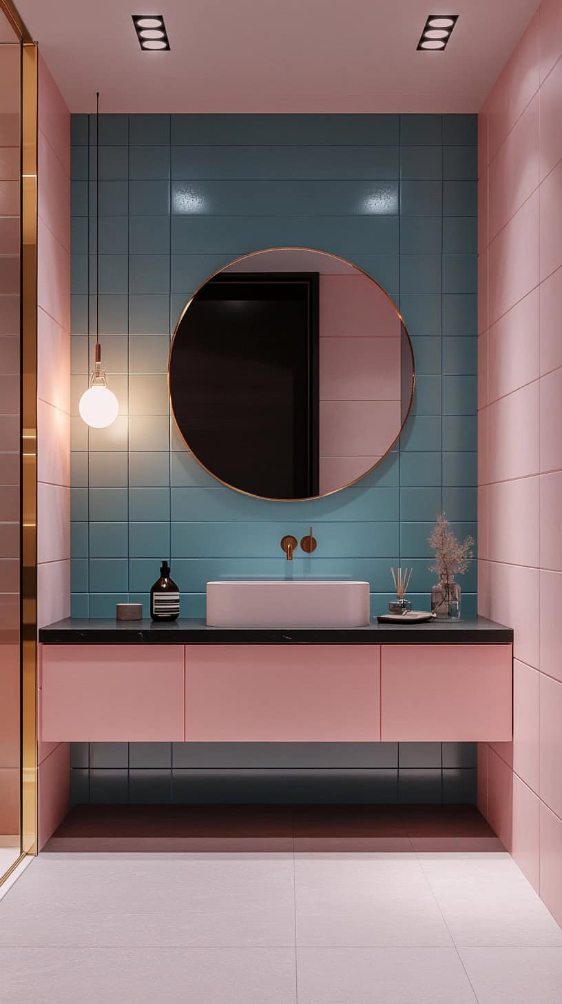  Bathroom with pink and blue tile