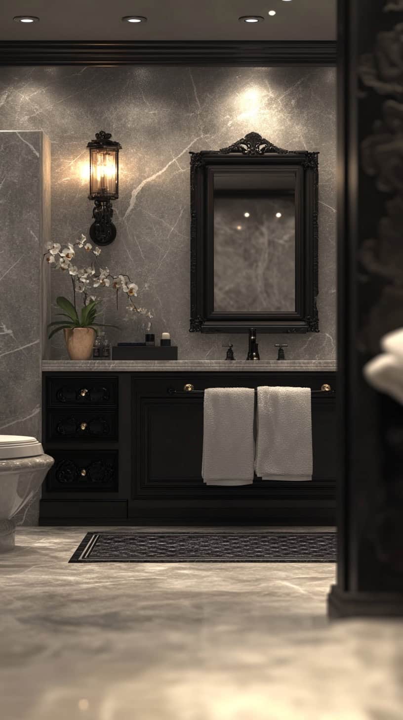 Black, white, and grey bathroom with decor