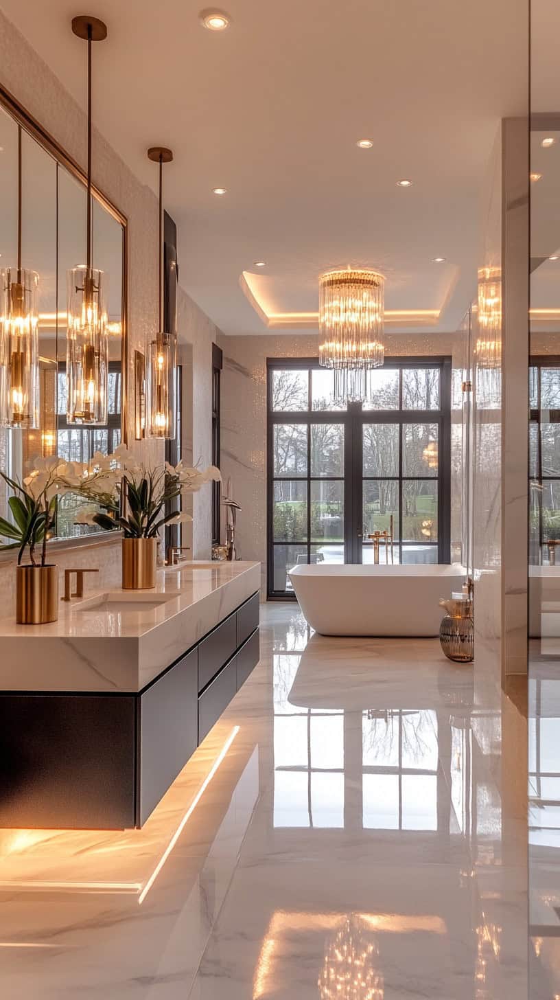Luxury Master Bathroom With Pendant Lights and Chandeliers