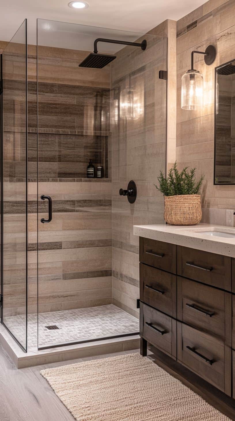 Modern rustic master bathroom with shower tiles