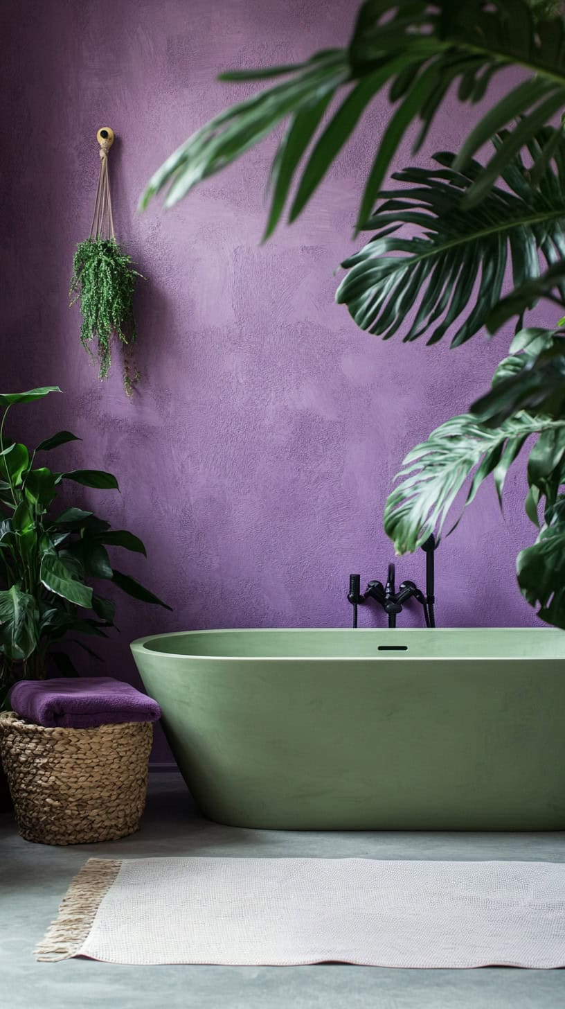 Sage green and purple bathroom