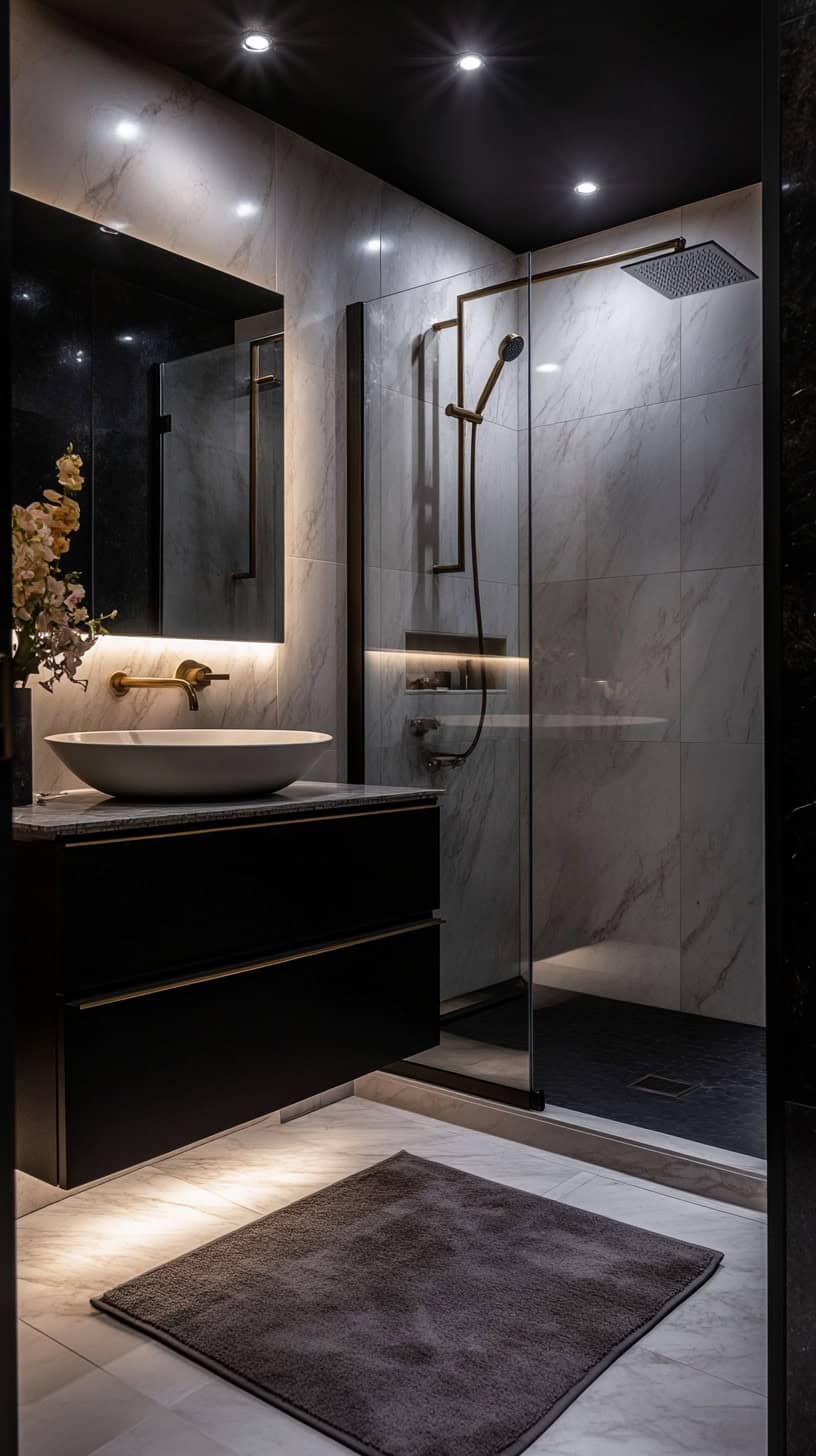 Bathroom with black floor and white marble walls