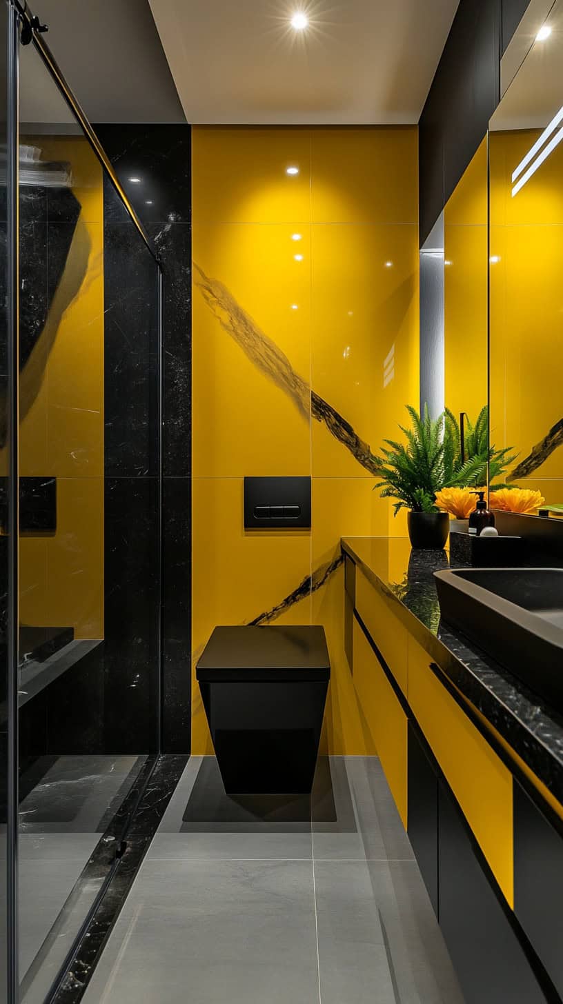 Bathroom with black and yellow decor