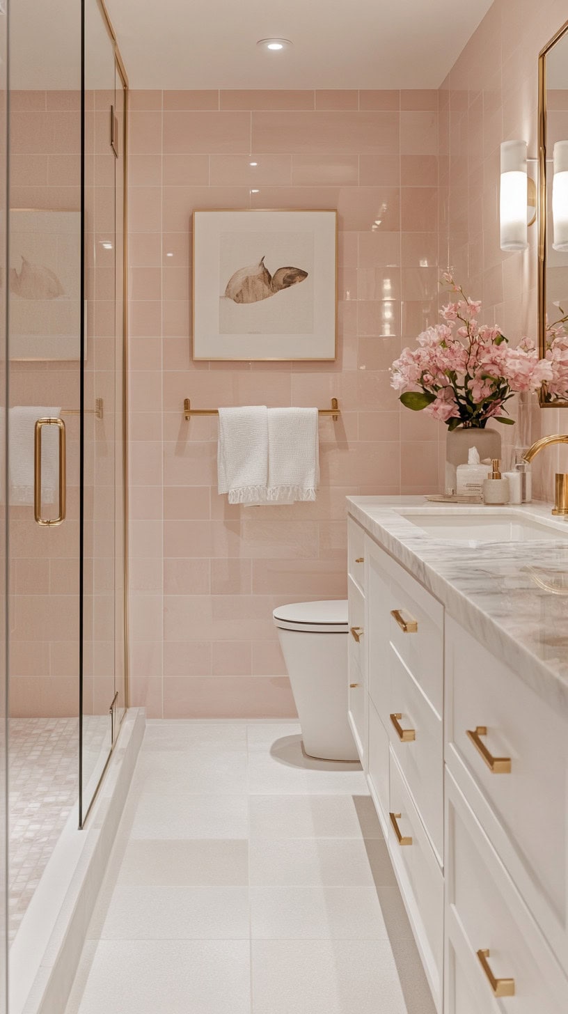 Bathroom with blush pink tiles