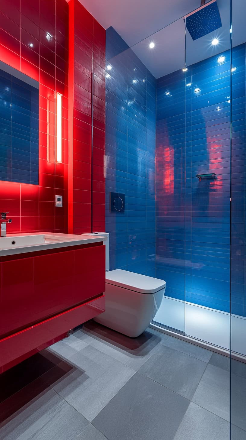 Blue and red bathroom