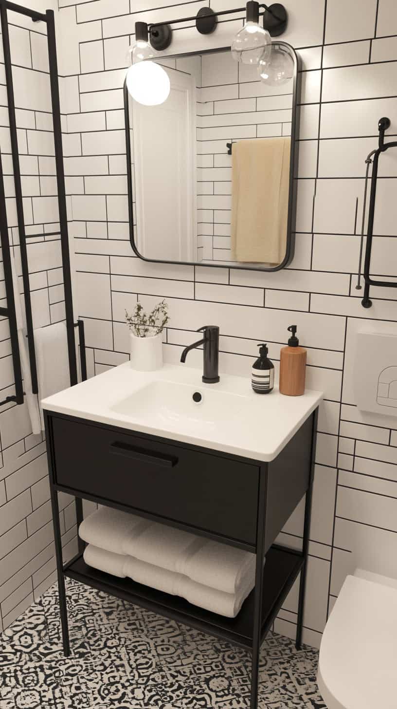 Small bathroom with black and white decor