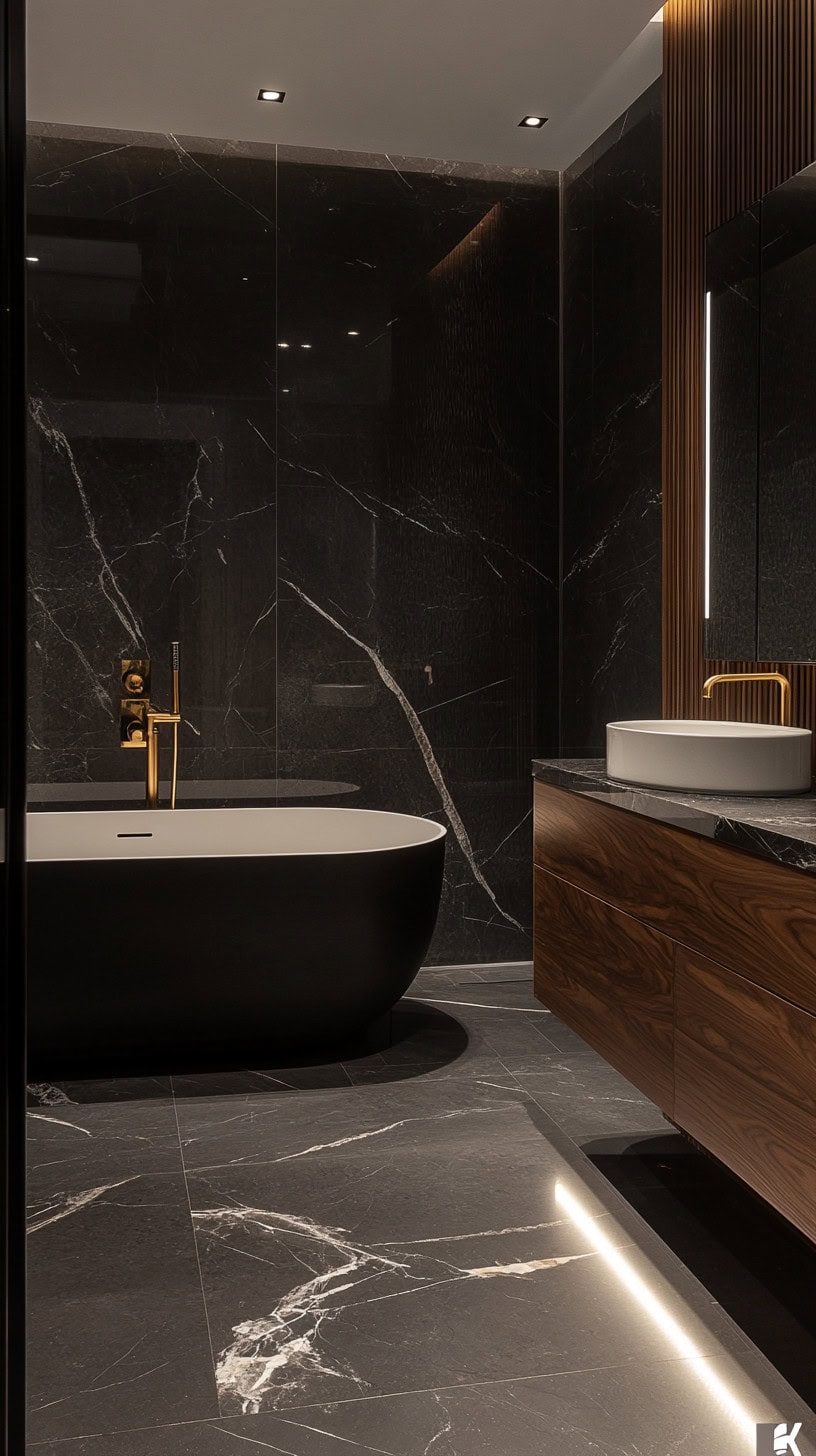 Bathroom with black marble wall