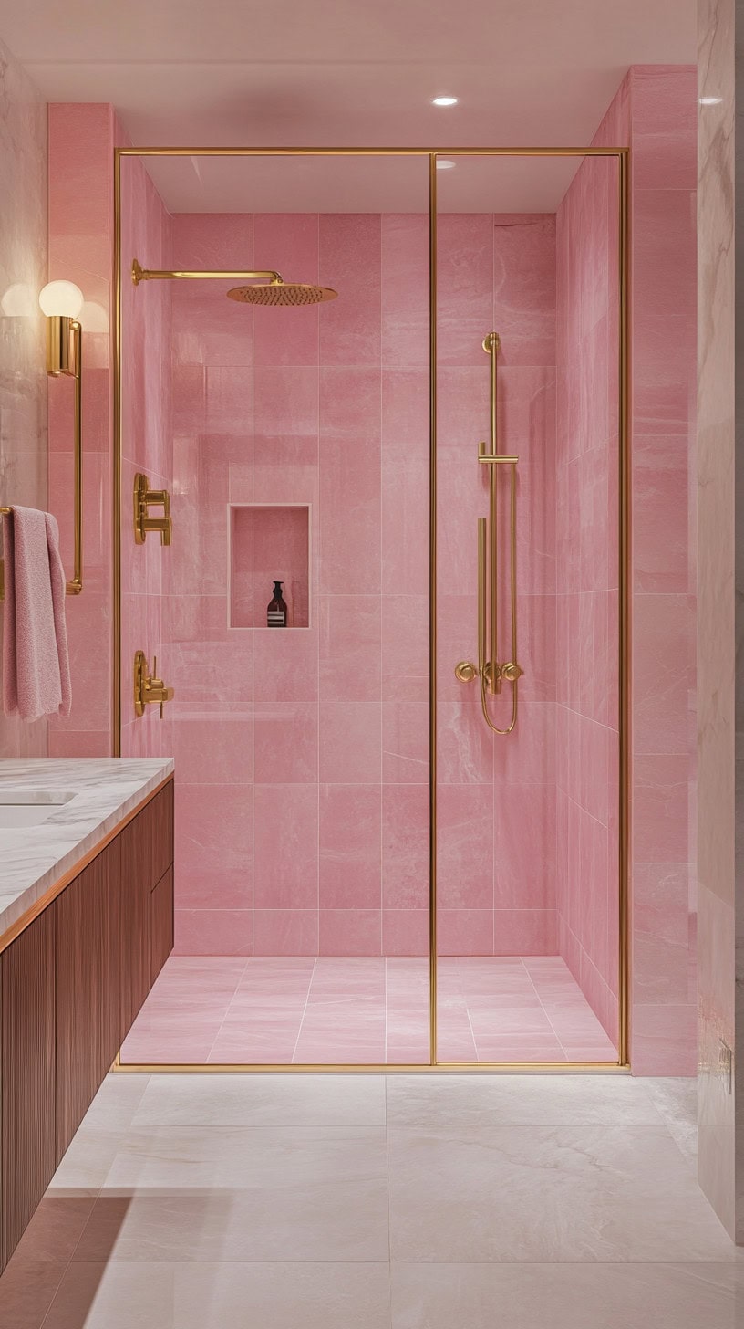 Bathroom with pink tile shower
