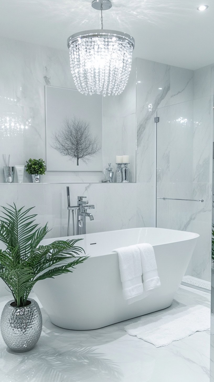 Silver and white bathroom with decor