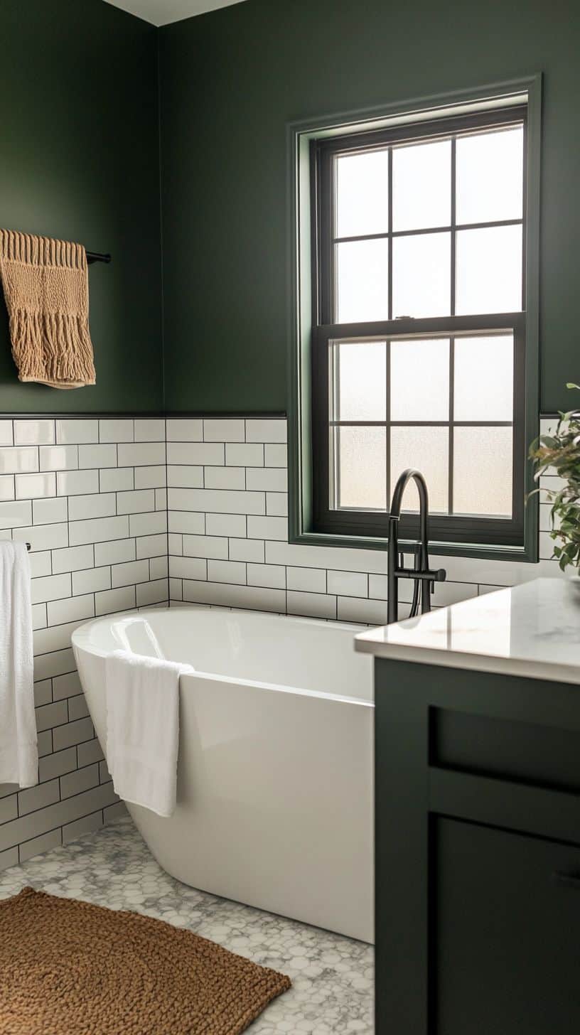 Dark green bathroom with subway tile