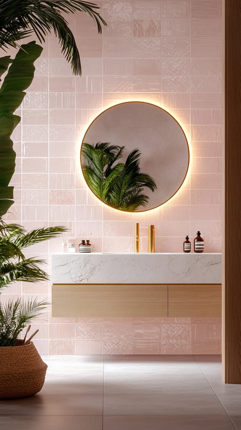 Bathroom with pink zellige tile
