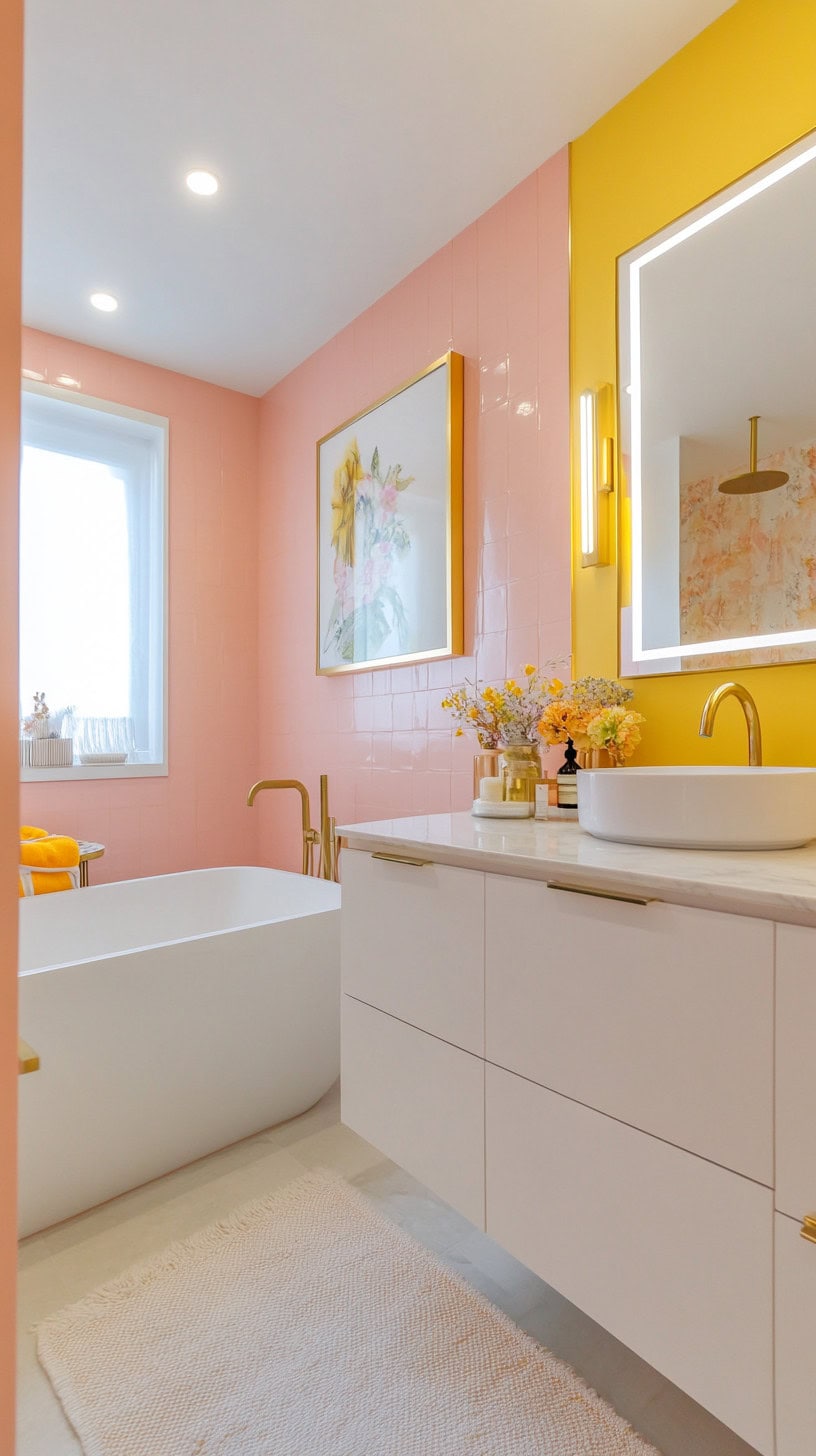 Bathroom with pink and yellow decor