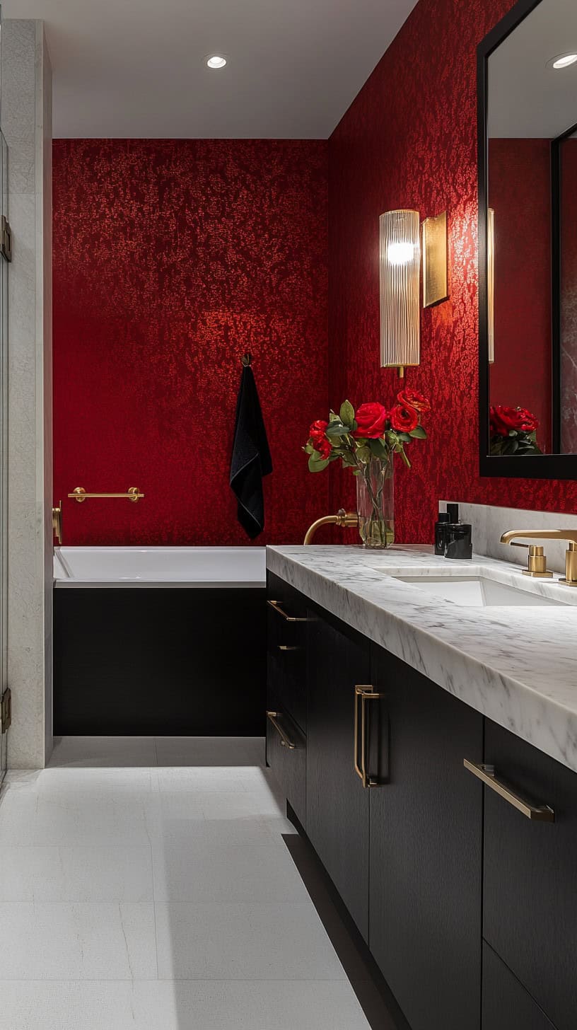 Bathroom with red wallpaper