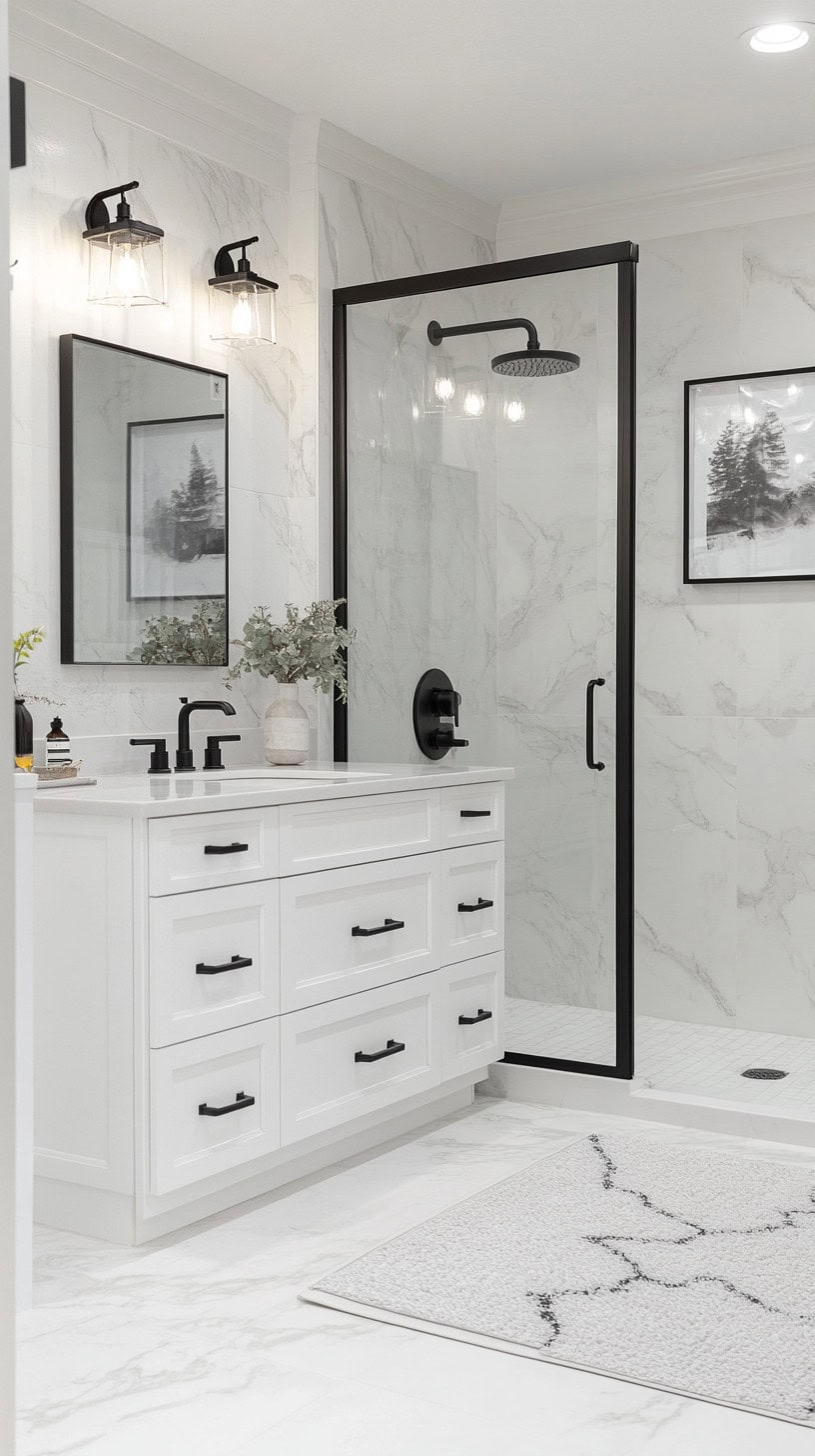 White marble bathroom with black fixtures