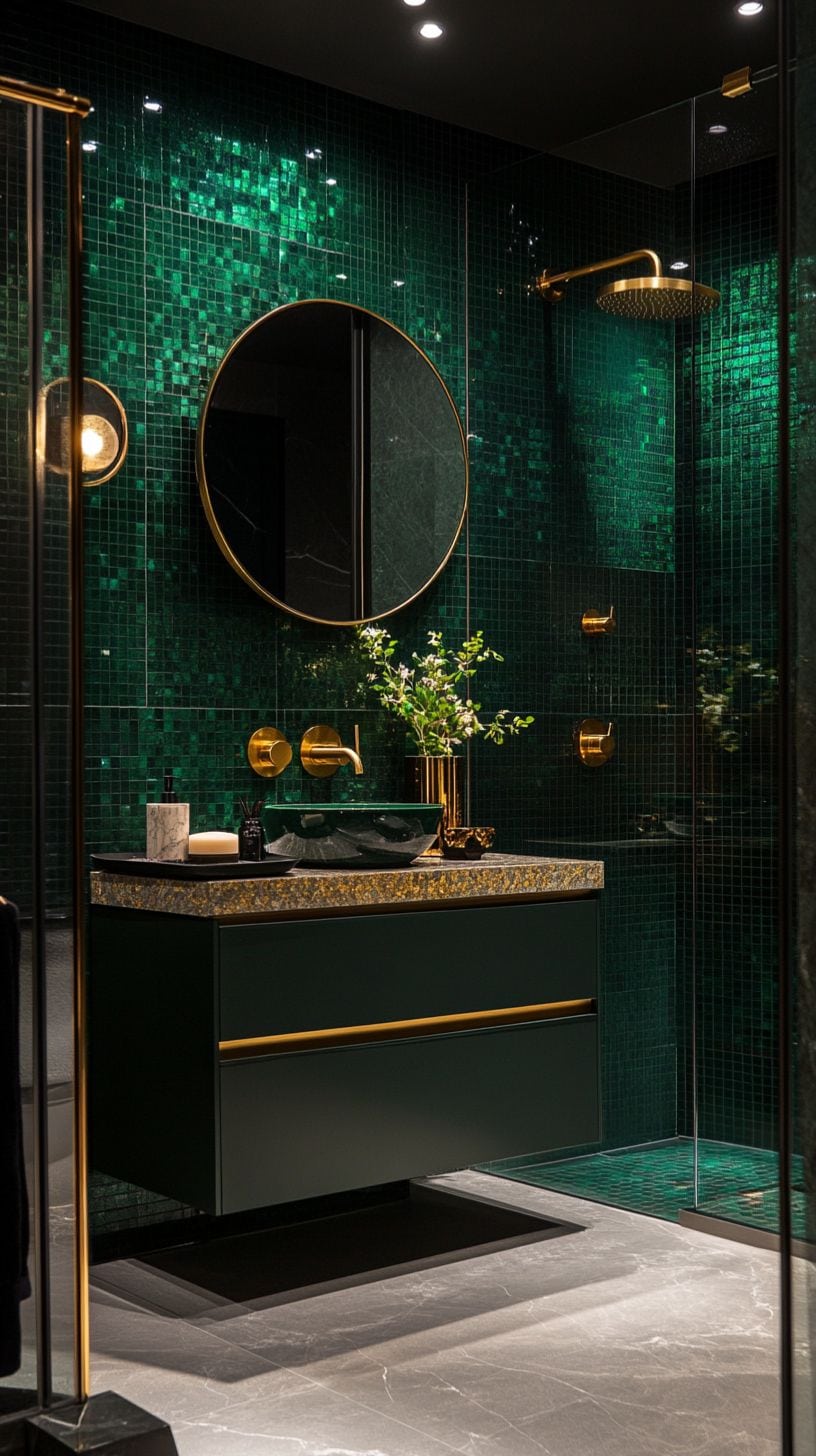 Dark green and gold bathroom